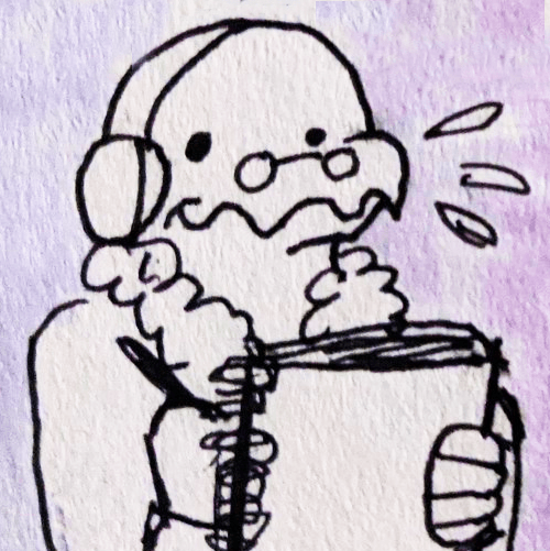 an image of my bird persona making a silly face in front of a notebook